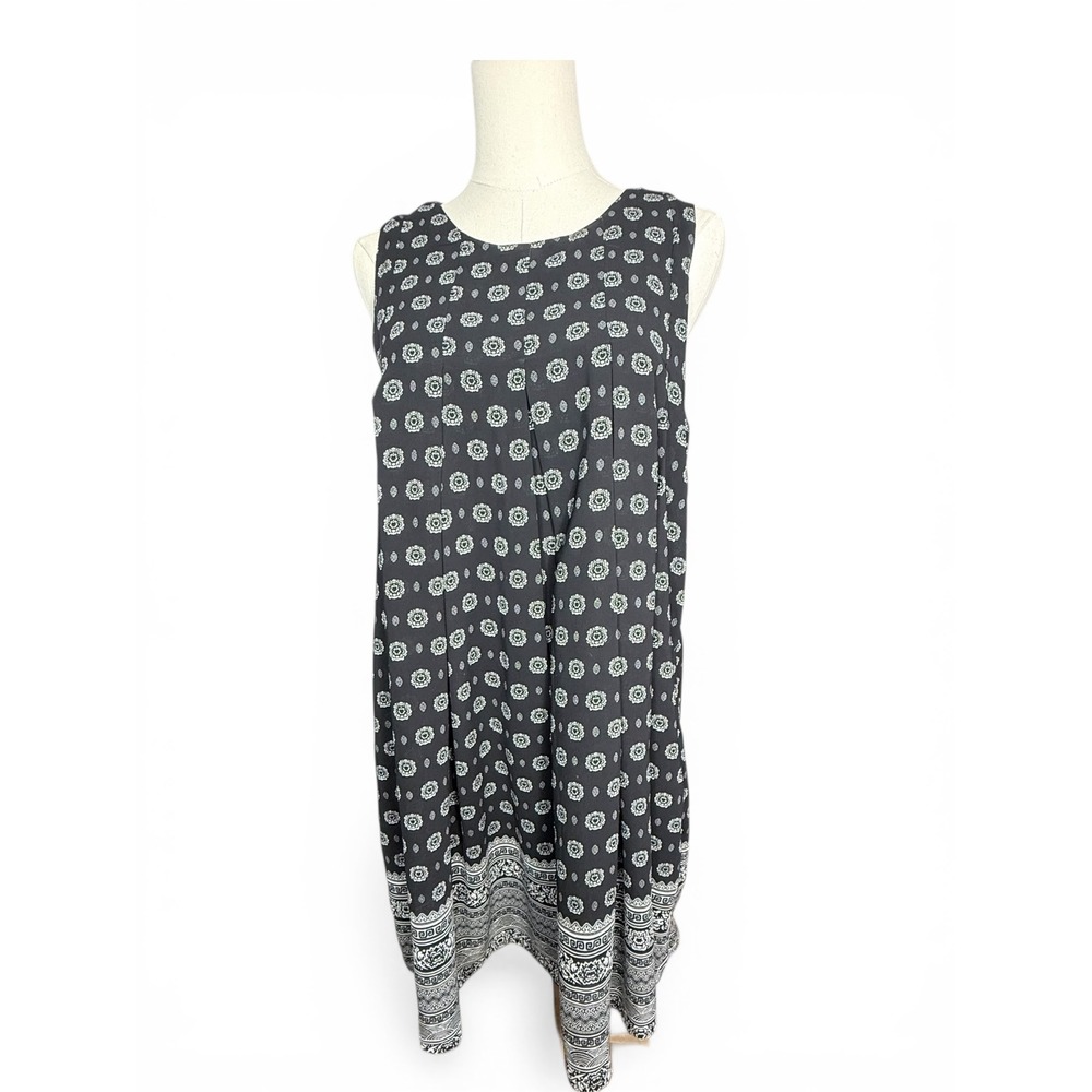 Japna Womens‎ XL Black White Medallion Border Print Sleeveless Shift Dress Boho